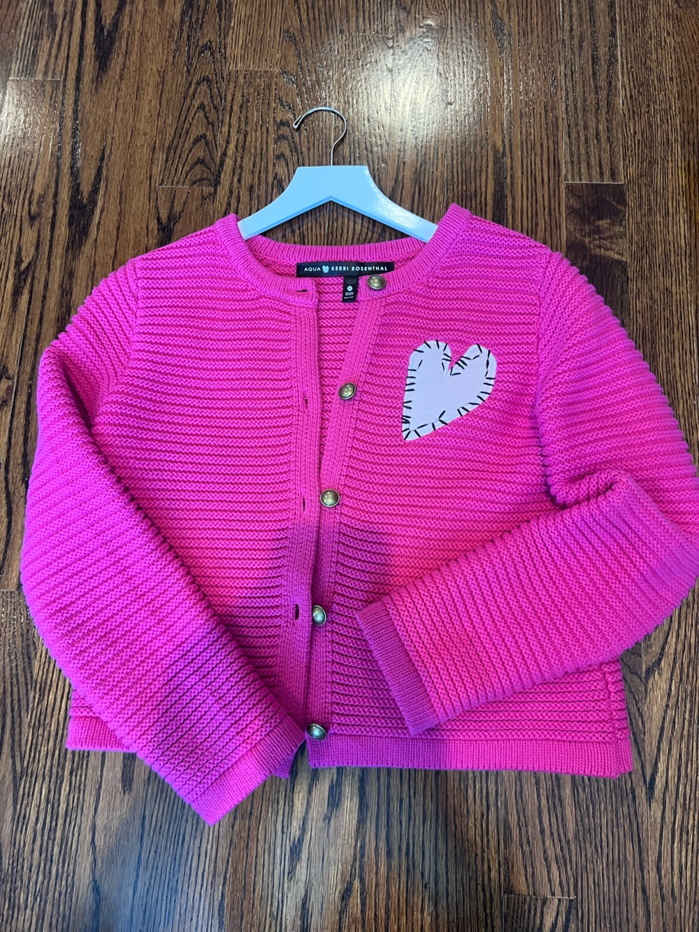 Aqua x Kerri Roaenthal Bright Pink Knit Cardigan with Heart Patch